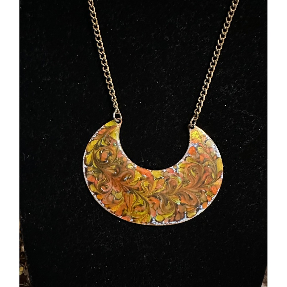 Vintage 1971 Enamel on Copper Necklace‎ Orange Gold Swirl Paisley
